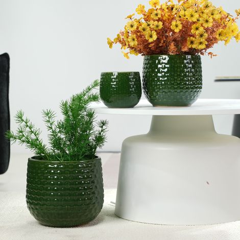 Set di vasi da pianta in ceramica artigianale 3 pezzi (Ø 23/17/12 cm), verde scuro lucido con rilievo a puntini, traspirante, resistente al gelo, con fori di drenaggio per giardino e balcone (1/5)
