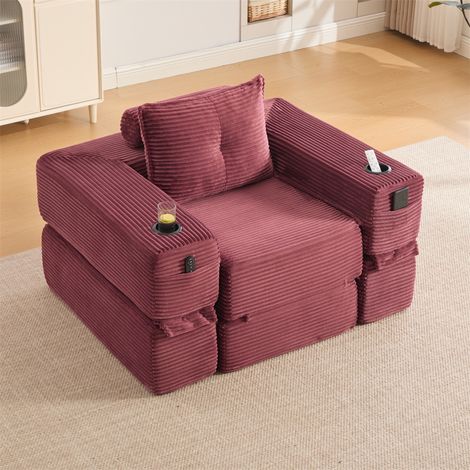 Canapé Convertible 1 Place - 122x98x80cm - Chauffeuse Pliante en Velours Côtelé avec Ressorts, Porte-Gobelet - Rouge Bordeaux (1/5)