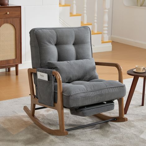 Silla mecedora con reposapiés, respaldo ajustable en 3 posiciones, bolsillo lateral, cord gris (1/5)