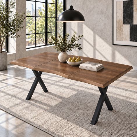 Table à manger 160 x 78 x 75 cm, idéale pour 4 à 6 personnes, plateau ondulé et épais, style minimaliste, pieds en fer en forme de X, finition noyer. (1/5)