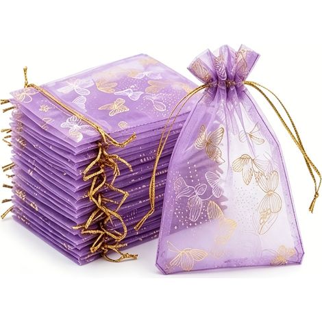 100 sacs cadeaux en organza violet clair à cordon, imprimés d'un motif papillon doré et argenté – 9 x 12 cm (1/5)