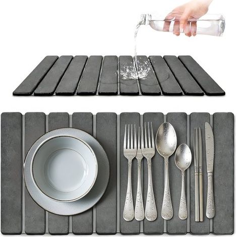 Alfombrilla de piedra para encimera de cocina (30x40 cm) – Gris oscuro, plegable, de tierra de diatomeas, de secado rápido. (1/5)