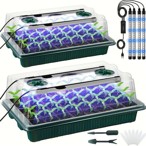 Lot de 2 plateaux de semis avec dôme haut – 80 cellules, 4 lampes LED, minuteur intelligent et 3 modes, pour jardinage intérieur