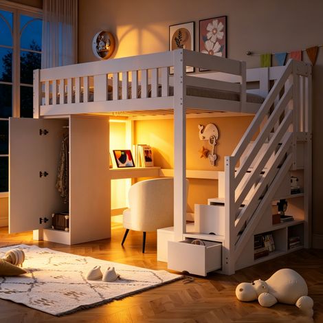 Hochbett Multifunktion Weiß Holz 140x200 cm mit Stauraumtreppe, Kleiderschrank, Schreibtisch mit EU-Steckdose und LED
