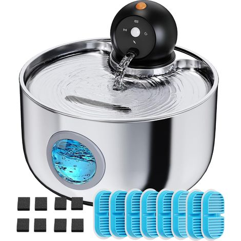 Fontaine a Eau Chat sans Fil: Fontaine à Eau pour Chat INOX avec Detecteur de Mouvement - 2.6L Distributeur Eau Chats Acier Inoxydable avec Batterie Rechargeable - Abreuvoir Silencieuse - 16 Filtres (1/5)