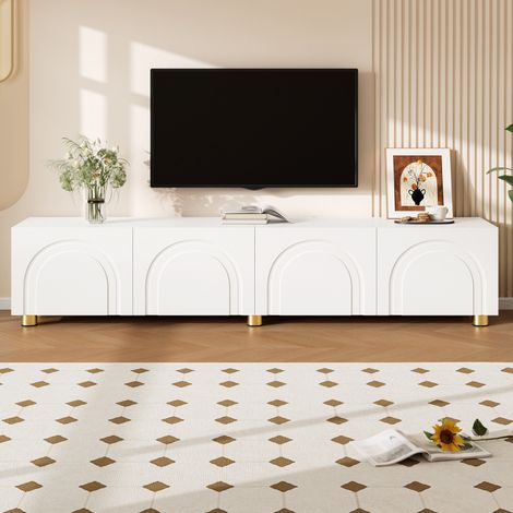 TV-Lowboard Weiß mit 4 Türen, Bogenrelief und Metallfüßen, 180 x 35 x 40 cm, OKWISH (1/5)