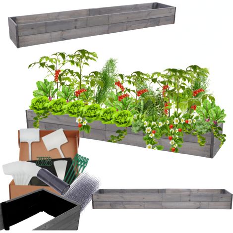 MODO24 Carré potager ZP06 surélevé en bois de pin massif pour jardin et terrasse, 18x163x30 cm, gris imprégné