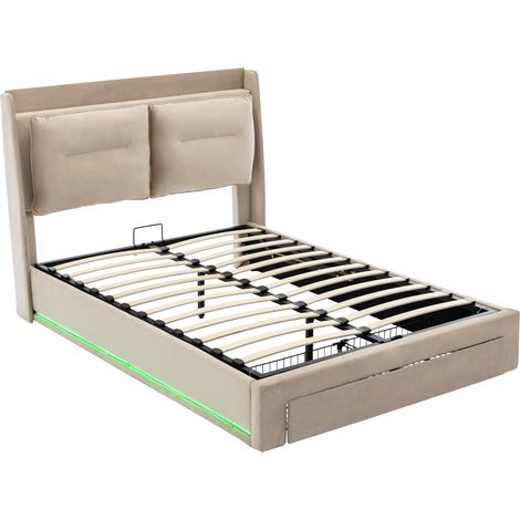 Letto Contenitore 140 x 190 cm, Letto Matrimoniale con Vano Idraulico, LED Regolabile e Cassetto, senza Materasso (1/5)