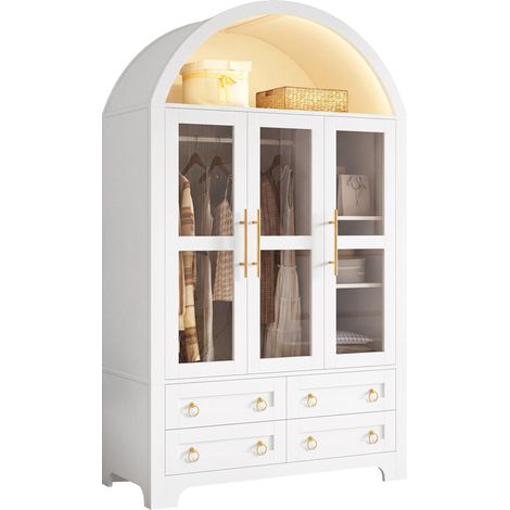 Grand Rangement Armoire Penderie avec Tringle, LED Connectée, 3 Portes Vitrées et 4 Tiroirs pour Vêtements en Chambre (1/5)