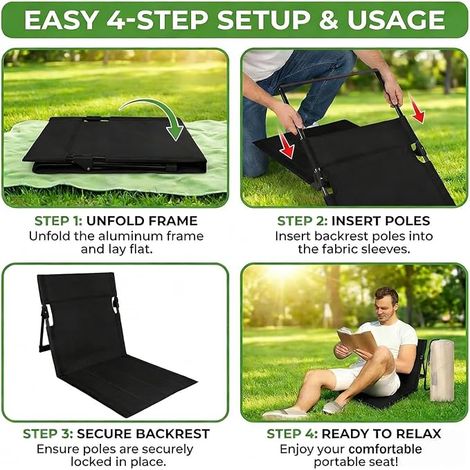 Beach Mat with Backrest, Folding Beach Chair, Lightweight Lounger with Carry Bag, Fabric for Beach, Camping and Garden (Black), 1 Piece (1/5)