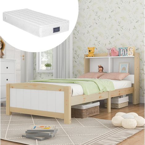 Lit simple en bois massif 90x200 cm blanc avec tête de lit de rangement et matelas (1/5)