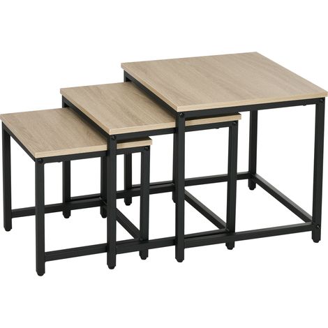 Satztisch-Set aus 3 Beistelltischen, Industrial Design, schwarzer Stahlrahmen, Tischplatte in Holzoptik
