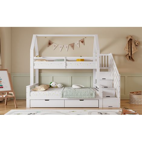Tkopy-Lit superposé,Lit superposé 90x200 (140x200) cm - Lit doubles pour enfants, lits en bois massif de pin style chalet, deux tiroirs, armoire avec escalier, blanc (1/5)