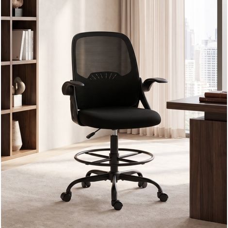 MODFU – Chaise de bureau haute réglable 57-77 cm polyester – Soutien lombaire, repose-pieds et accoudoirs relevables – Rotation 360°, vérin classe 4 et charge 120 kg – Bureau – Noir (1/5)