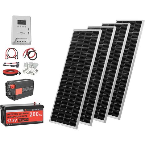 Mophorn Kit solaire autonome 400 W 12 V avec 4 panneaux solaires monocristallins de 100 W, batterie LiFePO₄ 12,8 V 200 Ah, contrôleur de charge MPPT 40 A et onduleur 2000 W, idéal pour camping-cars (1/5)