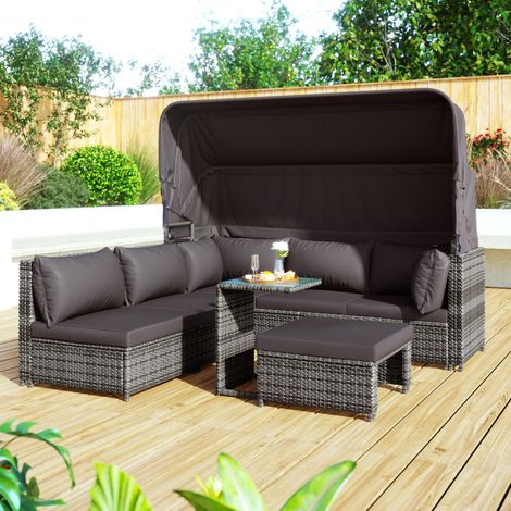Lettini da giardino in polyrattan grigio con tettuccio, set modulare con tavolo, 2 poltrone e pouf, 194x70x157 cm (1/5)