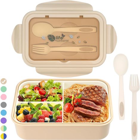 Boîte à Déjeuner en Plastique pour Enfant Adulte, Boîte à Repas avec Trois Compartiments et Couverts(Fourchette et Cuillère) (marroni) (1/5)