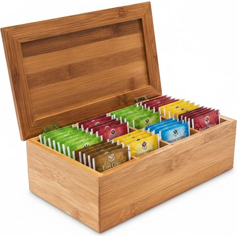 Relaxdays Teebox HxBxT:9x28,5x16cm, Bambus, aufklappbarer Deckel, 4 Fächer, Teebeutelbox/Schmuckkästchen, natur (1/5)