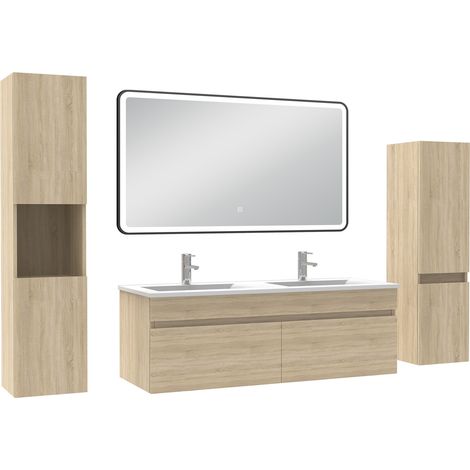 Ocean Meuble double vasque chêne wotan 120cm avec colonne + miroir lumineux 3 couleurs + dimmable