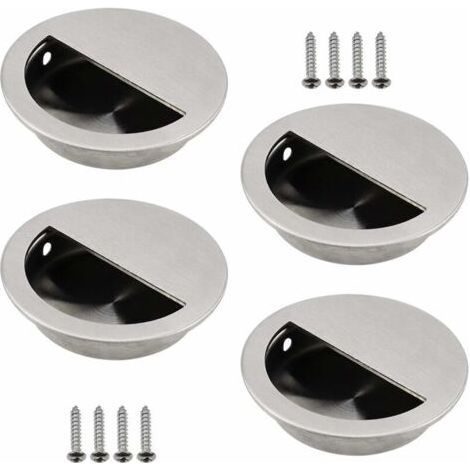 Lot de 4 Poignées Encastrables en Acier Inoxydable Argenté Poignée de Porte Coulissante Ronde Ø50mm avec un Trou Demi-Circulaire de 40 x 20mm Facile à Tirer - pour Porte Coulissante ou (1/4)