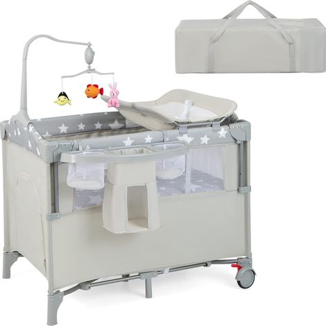 COSTWAY 4 in 1 klappbares Reisebett & Beistellbett & Wickeltisch & Laufstall rollbar, 2 Ebenen Babybett inkl. Spielbogen, Spieluhr, Matratze, Seitentür &Tragetasche (Beige) (1/5)