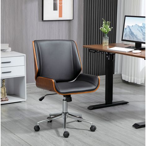 Silla de oficina retro con balanceo, altura regulable 46-56 cm, madera y polipiel negra (1/5)