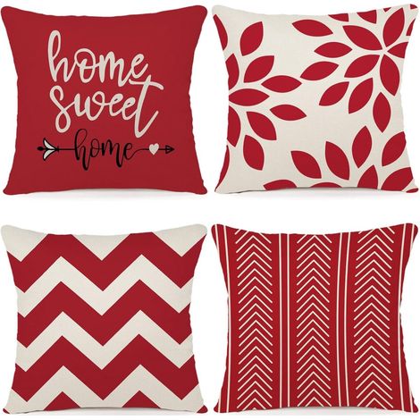 Lot de 4 housses de coussin décoratives ZWJD 45 x 45 cm, en lin, pour chambre, canapé, fauteuil, lit et jardin (45 x 45 cm, rouge). (1/5)