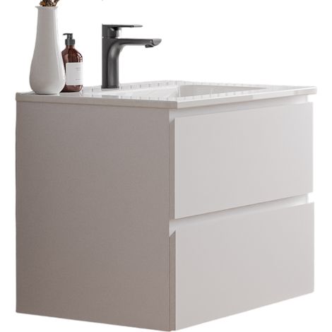 BERNSTEIN - Mobile lavabo sospeso MDF Bianco opaco, lavelli bianco lucido + foro troppo pieno e piletta - 60x46x50cm - AVA	Bianco opaco, Bianco lucido