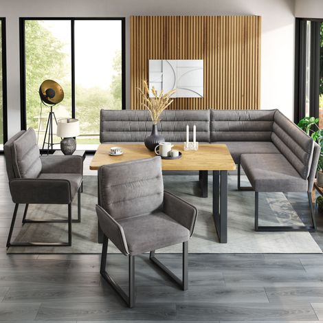 Ensemble banc d'angle + table + 2 chaises en tissu chenille gris et structure bois, parfait pour coin cuisine et salle à manger