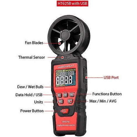 Anémomètre numérique portable à écran couleur HT625, mesure de la vitesse du vent, avec échelle de débit d'air et de vitesse du vent, mesure maximale/minimale/moyenne HT625B avec interface USB. (1/5)