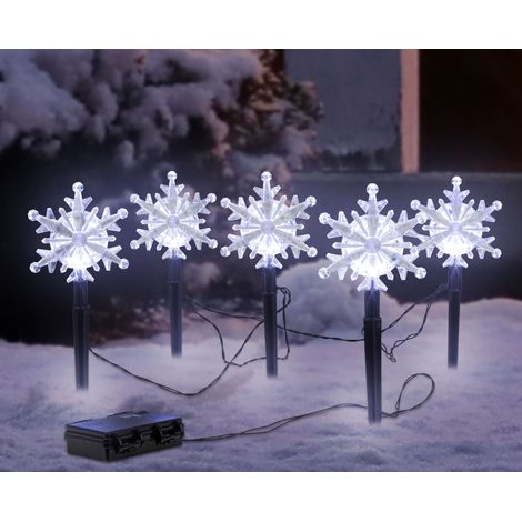 LED Garten Stecker 5 Schneeflocken - 21 cm - Outdoor Weihnachts Deko kalt weiß mit Timer Batterie betrieben