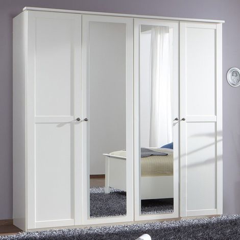 Pegane – Armoire penderie blanche 180 x 58 x 210 cm – 4 portes battantes avec 2 miroirs – Panneaux de particules mélaminés – Aménagement intérieur optimisé (1/2)