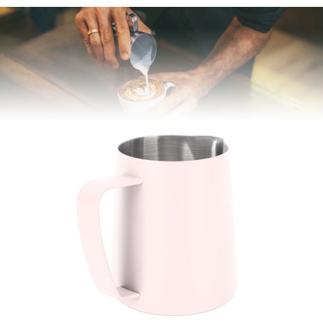 Tasse à latte art en acier inoxydable 304 de 350 ml avec graduation intérieure et bec verseur pointu, tasse à café au lait rose (1/5)