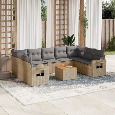 Ensemble Salon Jardin 10 Places Résine Tressée Beige avec Coussins Gris Modulaire Table Acacia (1/4)