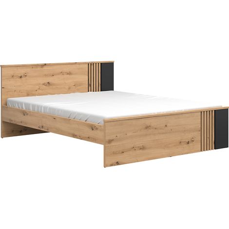 Lit double 160x200 cm lit avec lattes décoratives, coloris Chêne artisan/Noir - Longueur 206,5 x Profondeur 166 x Hauteur 85,5/44,5 cm (1/2)
