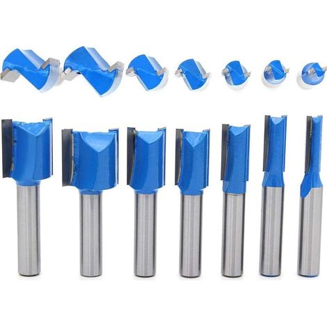 Lot de 7 fraises à bois droites (diamètre de queue : 8 mm, 6 mm, 8 mm, 10 mm, 12 mm, 14 mm, 18 mm et 20 mm) pour le travail du bois. Ces fraises permettent des coupes droites, des coupes à ras et des (1/5)