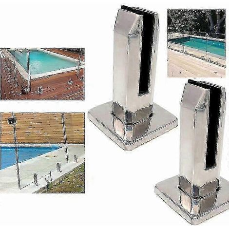 Ensemble de 2 pinces à verre en acier inoxydable 304 pour escaliers, clôtures en verre, balustrades de piscine et de balcon (colonne carrée en acier inoxydable) (1/5)