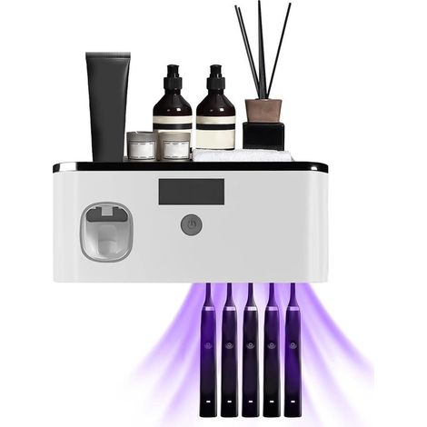 Soporte de pared para cepillos de dientes con limpieza UV y dispensador automático de pasta de dientes para 5 cepillos eléctricos. (1/5)