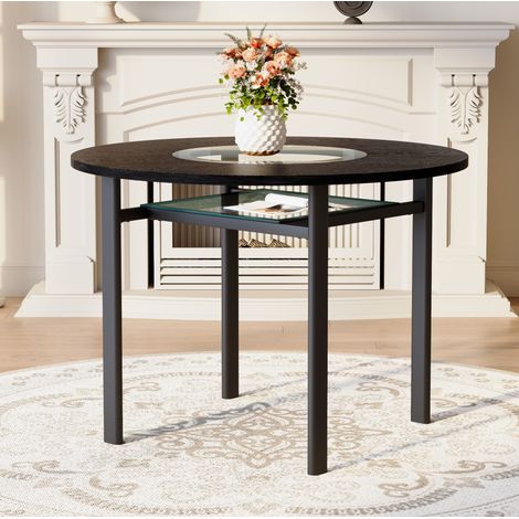 Tavolo da pranzo rotondo 100 cm, effetto legno nero, inserto in vetro grigio, nero DESVIAE (1/5)