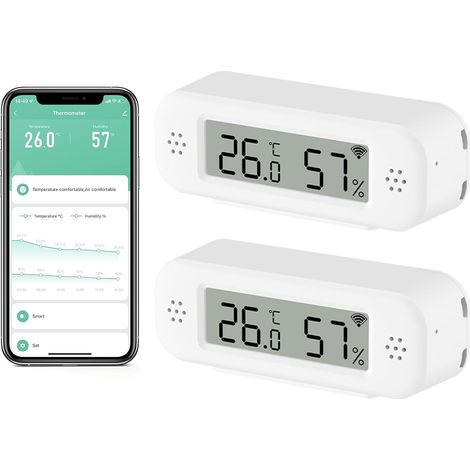 Thermomètre Connecté Wifi, Hygrometre Connecté avec Alarme Intelligente, Stockage Exportation de Données, Compatible avec Smart Life, Convient thermometre Chambre Bebe, pack de 2 (1/5)