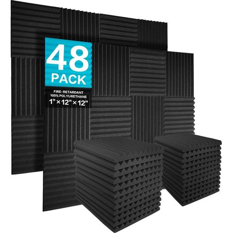 Lot de 48 mousse acoustiques en mousse insonorisants pour studio, 2,5 x 30 x 30 cm – Rembourrage insonorisant en panneau acoustique pour la maison et le bureau, Noir (1/5)