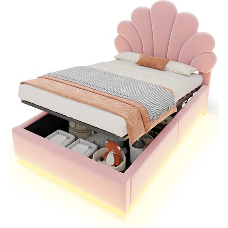Lit coffre 90x200 cm avec tête de lit fleurie en velours, LED intégrées, rangement hydraulique et cadre métal, pour chambre moderne et ambiance cosy - CHICFURN (1/5)