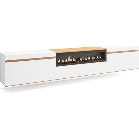 Skraut Home – Meuble TV suspendu blanc mat et chêne clair – Grand espace de rangement 260x35x45cm – Cheminée électrique LED intégrée – Style moderne (1/5)