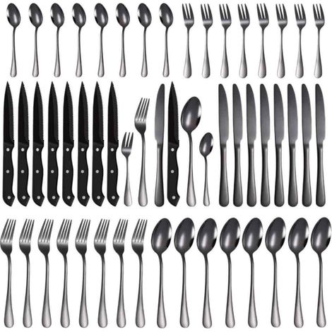 Service de table 48 pièces en acier inoxydable, coffret cadeau pour 8 personnes comprenant un couteau à steak, une fourchette et une cuillère de style occidental. (1/5)