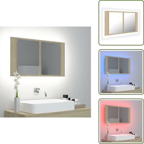 The Living Store Armadietto a Specchio con Luci LED Rovere Sonoma in Acrilico - Specchio con luce led