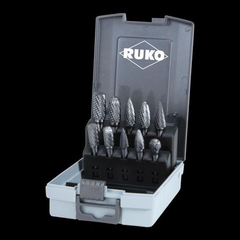 RUKO Hartmetall-Frässtifte-Satz Kreuzverzahnung HM 10tlg. Ø 10 / 12 mm in Kunststoffkassette - 116003RO