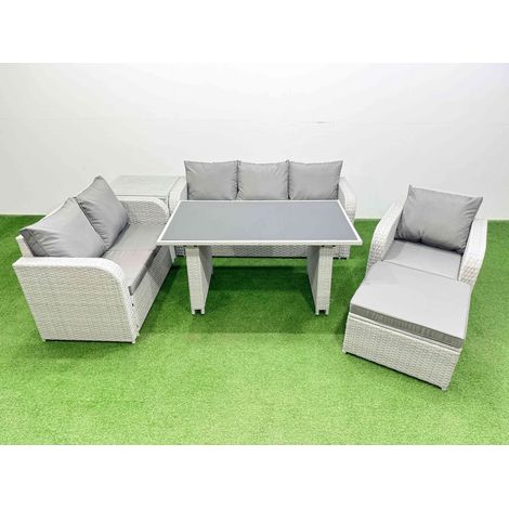 Fimous Rattan Outdoor Table Reclining Chair Sofa Set with Side Table Big Stool Light Grey 7 Seater (1/4)