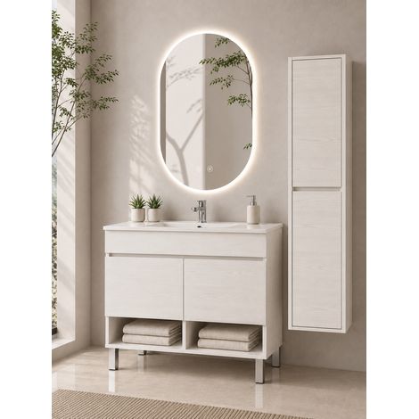 Mueble de baño con patas con lavabo extraplano ORIGENBATH NEBARI con patas y puertas sin espejo 50x40 cm blanco nórdico con columna (1/5)