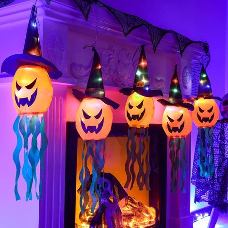 Décoration d'Halloween pour l'extérieur, éclairage extérieur, guirlande de citrouilles étanche IP44 (5 citrouilles), éclairage d'Halloween à piles pour intérieur, extérieur, maison, fête et jardin. (1/5)