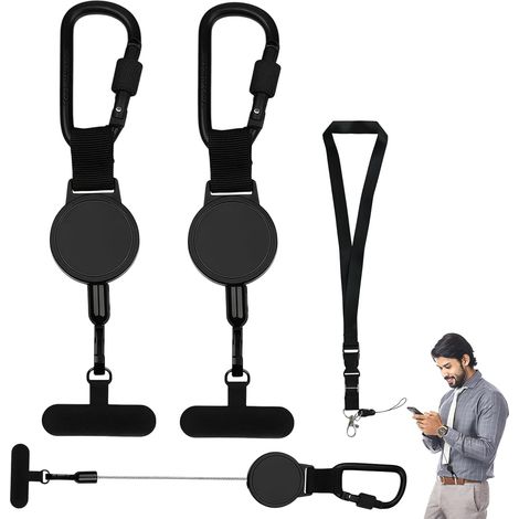 2 Pack Mobile Phone Security Strip with Lanyard, Retractable Security Strip with 360° Metal Carabiner, Anti-Theft Protection for Smartphone, Black (1/5)